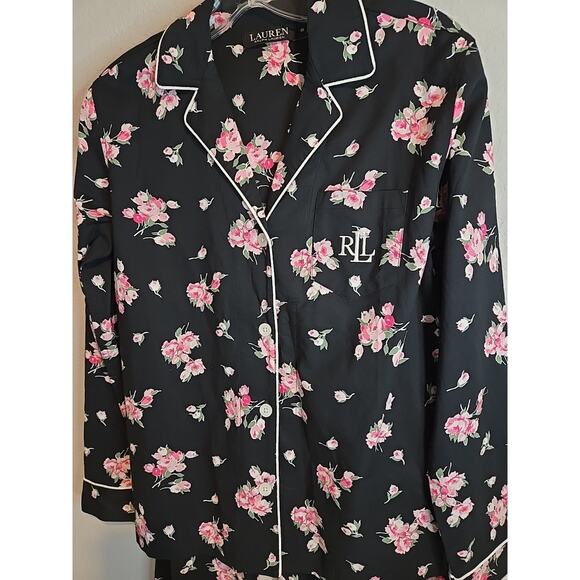 Lauren Ralph Lauren XS Pajama Set Cotton Black Floral Pants Top Logo NEW - Picture 3 of 10